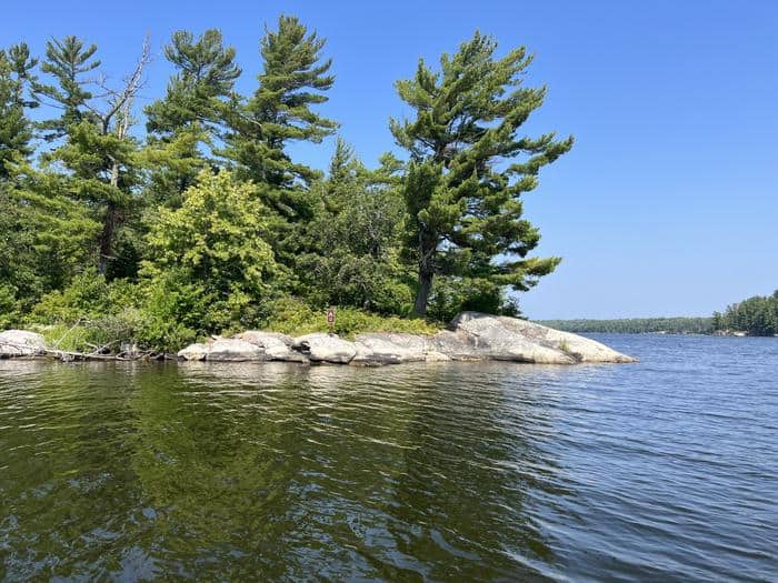 K3 View of campsite sign from water with tall pine trees on the island.
